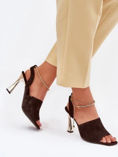 Zamszowe Sandały Na Szpilce Z Ozdobną Bransoletą CheBello 4440 Czekoladowe