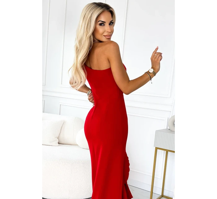 317-4 Dlhé šaty na jedno rameno s pruhmi - ČERVENÉ