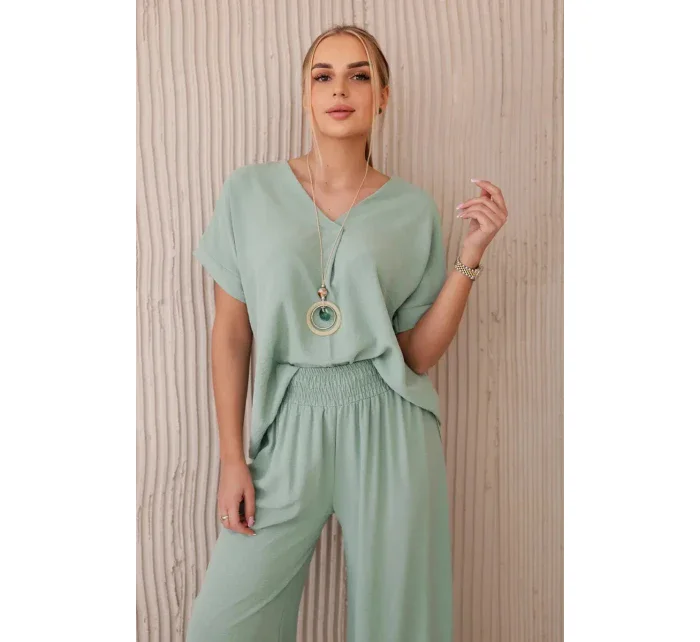 Komplet s náhrdelníkem halenka + kalhoty tmavá máta Komplet s náhrdelníkem halenka + kalhoty tmavá máta