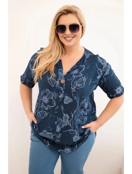Dámská bavlněná halenka Plus Size s květinovým vzorem námořnická modrá Dámská bavlněná halenka Plus Size s květinovým vzorem námořnická modrá