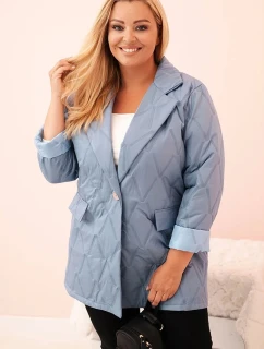 Dámská bunda Plus Size prošívaná s límcem a knoflíkem džínová