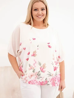 Dámská halenka Plus Size s krátkým rukávem a květinovým potiskem růžová