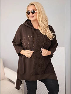 Dámská bavlněná mikina Plus Size s kapucí a pleteným detailem hnědý