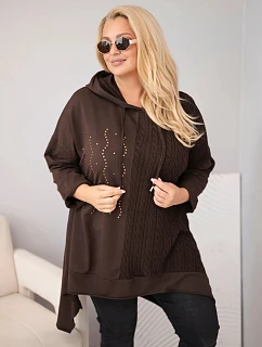 Dámska bavlnená mikina Plus Size s kapucňou a pleteným detailom, hnedá