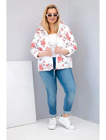 Dámská jarní prošívaná bunda Plus Size s kapucí a květinovým vzorem bílá