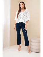 Dámsky bavlnený ažurový sveter s krátkymi rukávmi biely