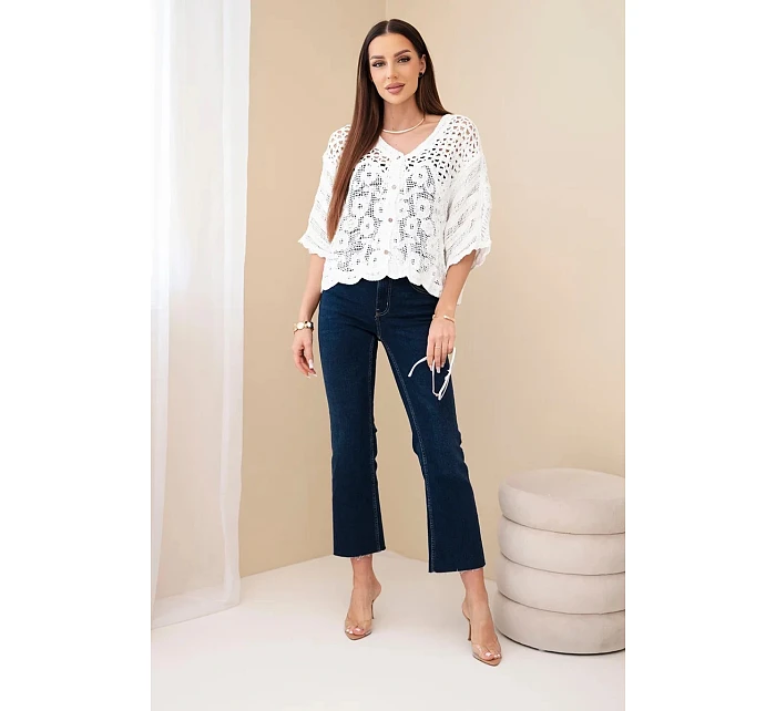 Dámsky bavlnený ažurový sveter s krátkymi rukávmi biely