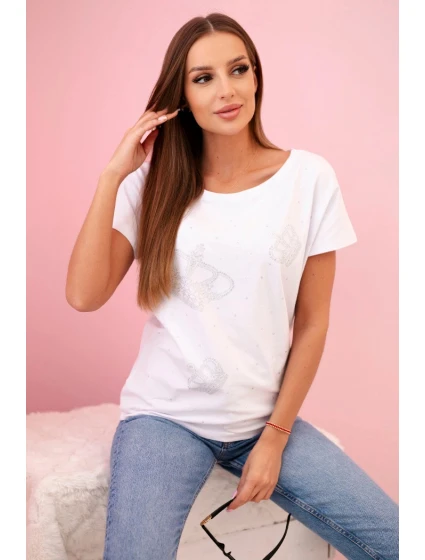 Dámska blúzka s krátkym rukávom a kryštálmi biela