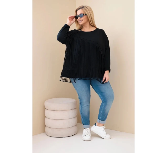 Dámske Plus veľkosť bavlnená blúzka s strapcami čierna