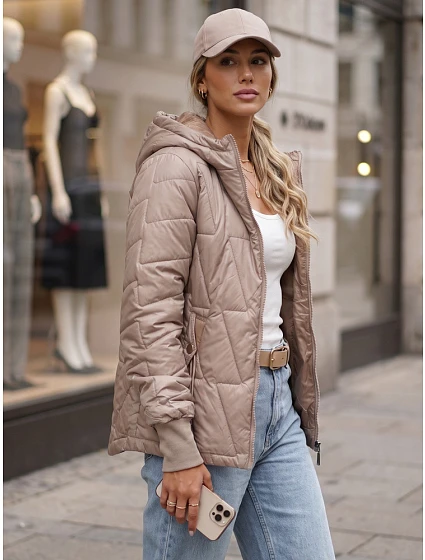 Dámska prešívaná prechodná bunda s kapucňou, béžová, FashionStreet TY5783