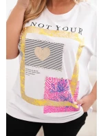 Dámska bavlnená blúzka nadrozmernej veľkosti so zlatým nápisom biela + žltá Dámska bavlnená blúzka nadrozmernej veľkosti so zlatým nápisom biela + žltá