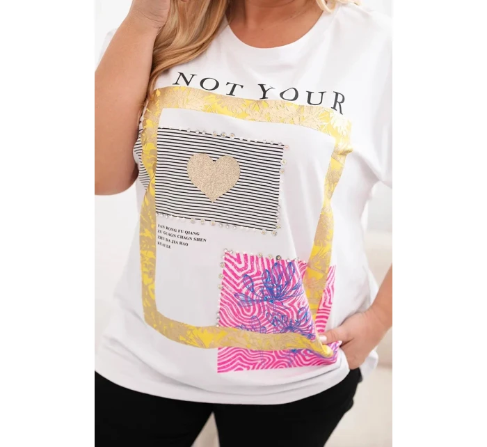 Dámska bavlnená blúzka nadrozmernej veľkosti so zlatým nápisom biela + žltá Dámska bavlnená blúzka nadrozmernej veľkosti so zlatým nápisom biela + žltá