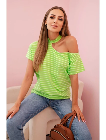 Dámská bavlněná blůza na jedno rameno s model 21820431 pruhovaná zelená - K-Fashion