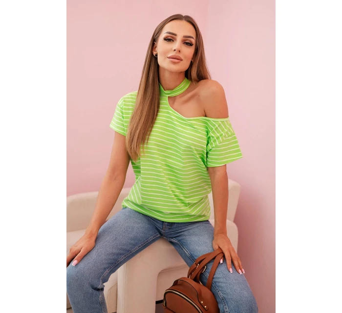 Dámská bavlněná blůza na jedno rameno s model 21820431 pruhovaná zelená - K-Fashion