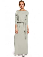 M435 Maxi bavlnené šaty s opaskom na zaväzovanie - pistáciová farba