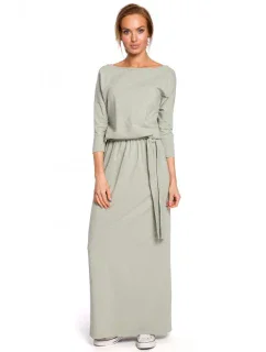 model 18002083 Maxi bavlněné šaty s páskem na zavazování pistáciová barva - Moe
