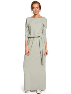 M435 Maxi bavlnené šaty s opaskom na zaväzovanie - pistáciová farba