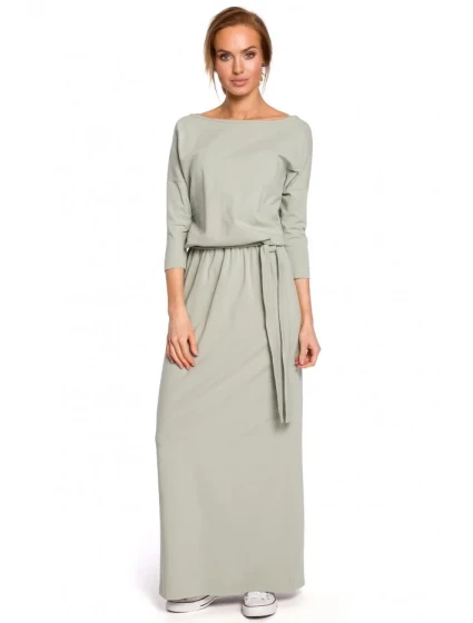 M435 Maxi bavlnené šaty s opaskom na zaväzovanie - pistáciová farba