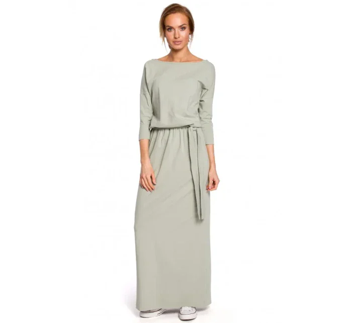 model 18002083 Maxi bavlněné šaty s páskem na zavazování pistáciová barva - Moe
