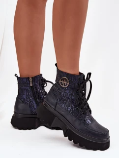 Kožené dámské boty na platformě s nápisy a ozdobným detailem model 21712061 tmavě modré - Artiker