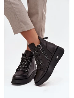 Skórzane Botki Damskie Na Platformie Ocieplane Artiker 55C0809 Czarne