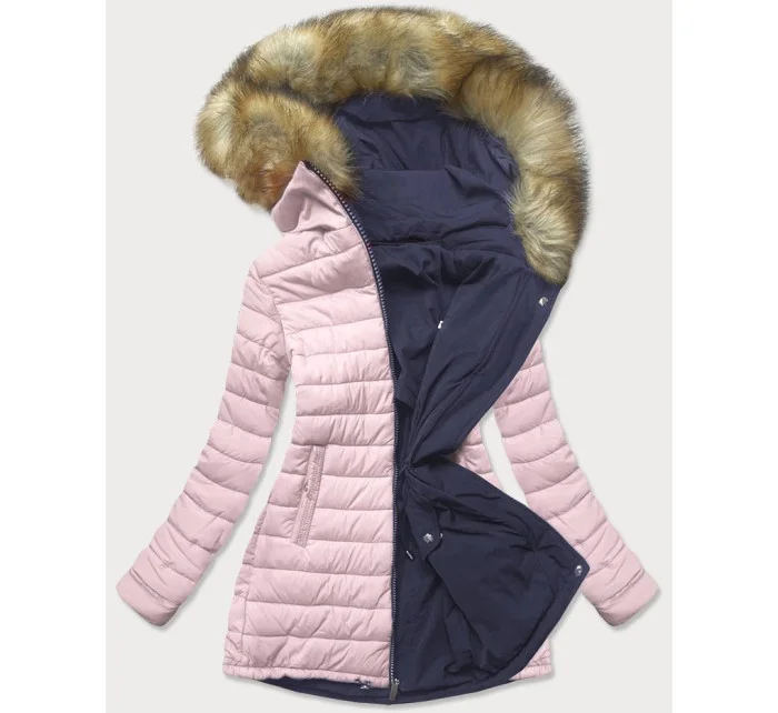 Tmavomodrá a ružová obojstranná dámska zimná bunda s kapucňou (w213) Tmavomodrá a ružová obojstranná dámska zimná bunda s kapucňou (w213)