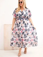 Plus size dámske šaty s kvetinovým vzorom a kravatou graphite