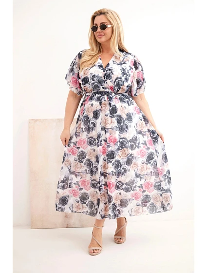 Dámské šaty ve velikosti Plus s květinovým vzorem a s vázáním grafitová