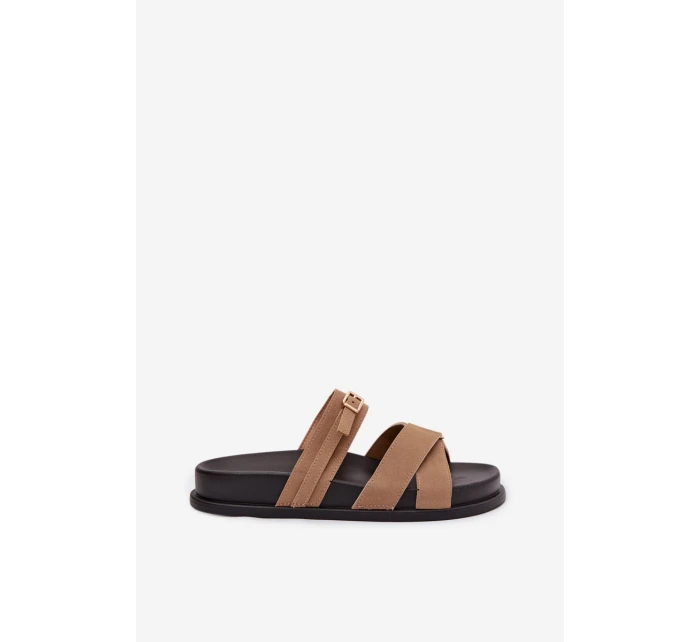 Dámské pantofle s pásky a zlatým přezkou tmavě béžové Selorina