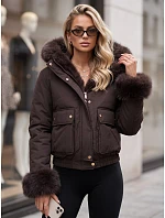 Krátká dámská zimní bunda s kožešinou, čokoládová, FashionStreet TY5999 Krátká dámská zimní bunda s kožešinou, čokoládová, FashionStreet TY5999