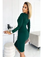 ANGELA - Klasické dámske šaty vo fľaškovo zelenej farbe s výstrihom a dlhými rukávmi 403-1
