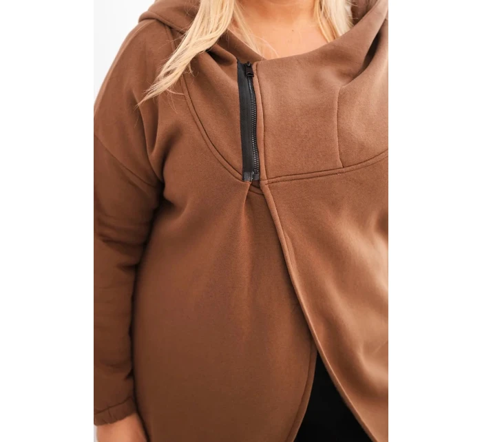 Dámska zateplená mikina Plus Size s kapucňou a asymetrickým zipsom Brown