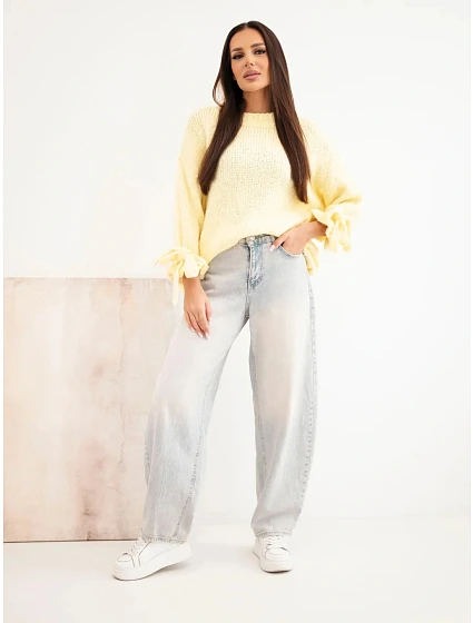Dámský oversized svetr s mašlemi na rukávech žlutá Dámský oversized svetr s mašlemi na rukávech žlutá