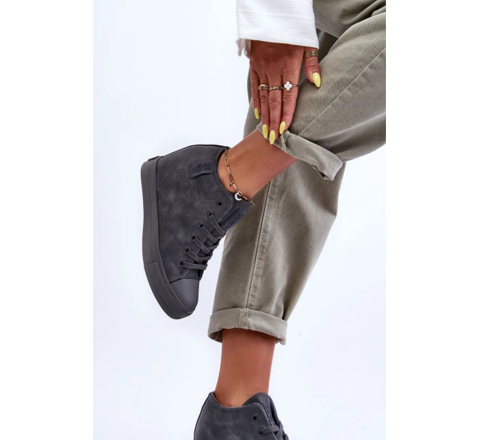 Trampki Skórzane Damskie Na Koturnie Big Star MM274005 Szare Trampki Skórzane Damskie Na Koturnie Big Star MM274005 Szare