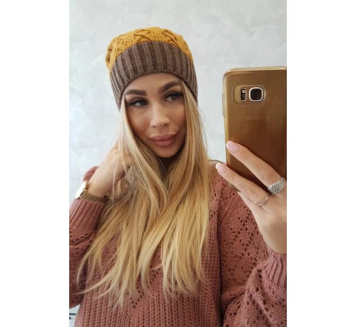 Fleecová čiapka Bibiana K264 mocca+mustard