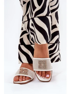 Eleganckie Klapki Damskie Z Ozdobą Na Płaskim Obcasie Białe Lovehia