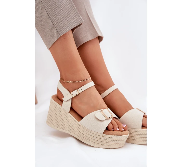 Sandały Damskie Na Koturnie Z Klamrą Beżowe Liniella Sandały Damskie Na Koturnie Z Klamrą Beżowe Liniella