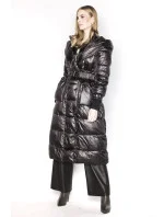 Čierna dlhá dámska bunda s opaskom (ag8-8002)