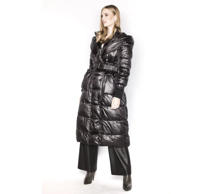 Čierna dlhá dámska bunda s opaskom (ag8-8002)