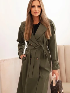 Dámsky kabát so zaväzovaním v páse a khaki golierom