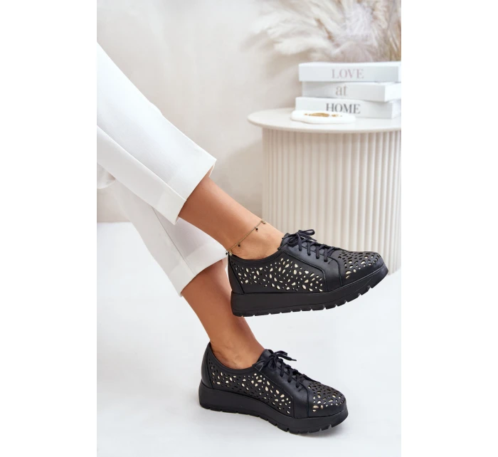 Zazoo 2973 Skórzane Półbuty Na Platformie Z Ażurowym Wzorem Czarne