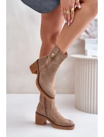 Zateplené dámské boty na podpatku béžové model 21673982 - Boto