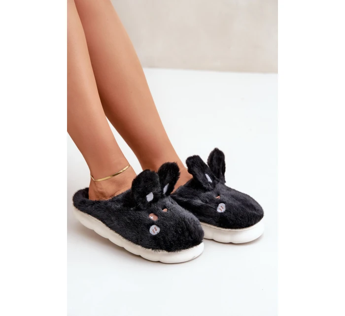 Futrzane Kapcie Z Motywem Króliczka Czarne Natasha