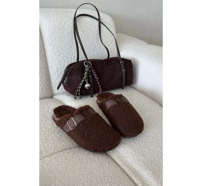 Klapki Damskie Z Futerkiem Typu Baranek Brązowe Lorivine
