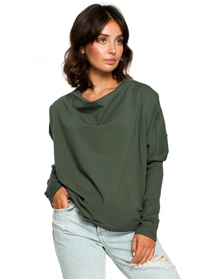B094 Oversized top s výstrihom do V na chrbte - vojensky zelený