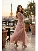 Dlouhé maxi šaty s rukávy a obálkovým výstřihem pudrově růžové model 22046066 - numoco basic