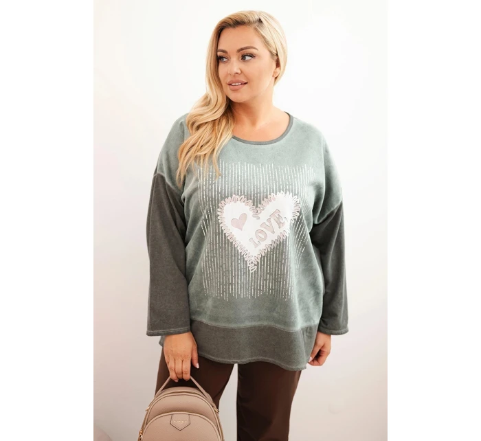 Dámske Plus veľkosť bavlnená mikina s potlačou srdca a šnúrkami Khaki