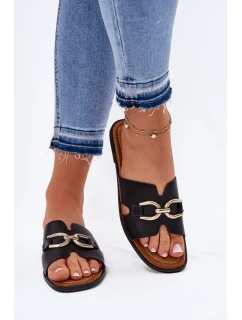 Klapki Damskie Płaskie Z Ozdobnym Detalem Czarne Amiresna