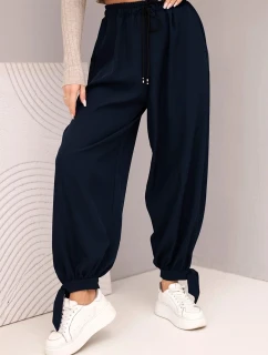 Dámske nohavice so širokými nohavicami a viazaním v spodnej časti modrej farby