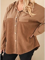 Dámská bavlněná mikina Plus Size s kapucí a knoflíky camelová Dámská bavlněná mikina Plus Size s kapucí a knoflíky camelová